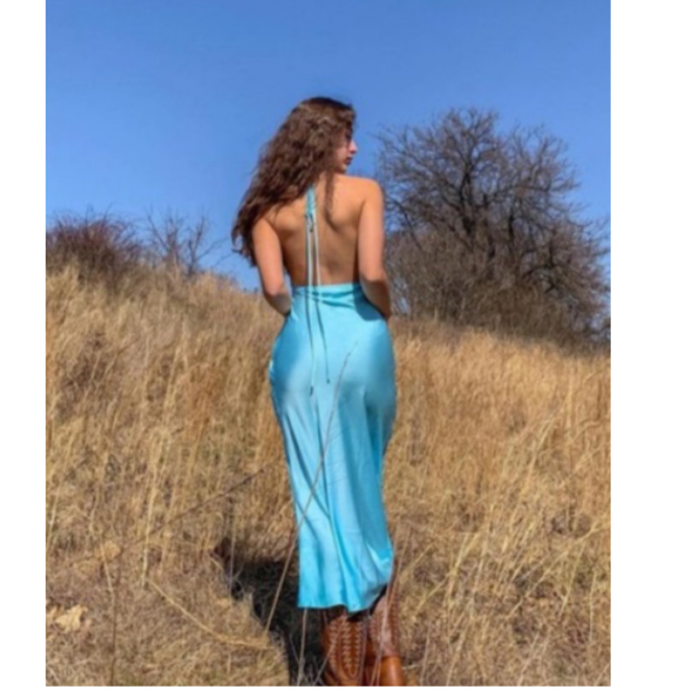 Onarin Ms. Pleat silk wedding prom v neck babydoll midi Dress Blue XS A004131 - Picture 2 of 9